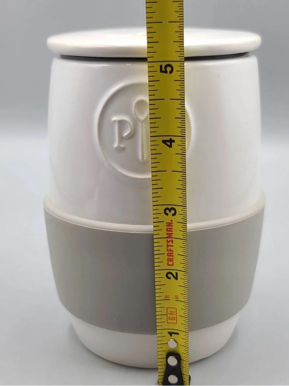 Pampered Chef White Ceramic Cooker with Gray Silicone Grip